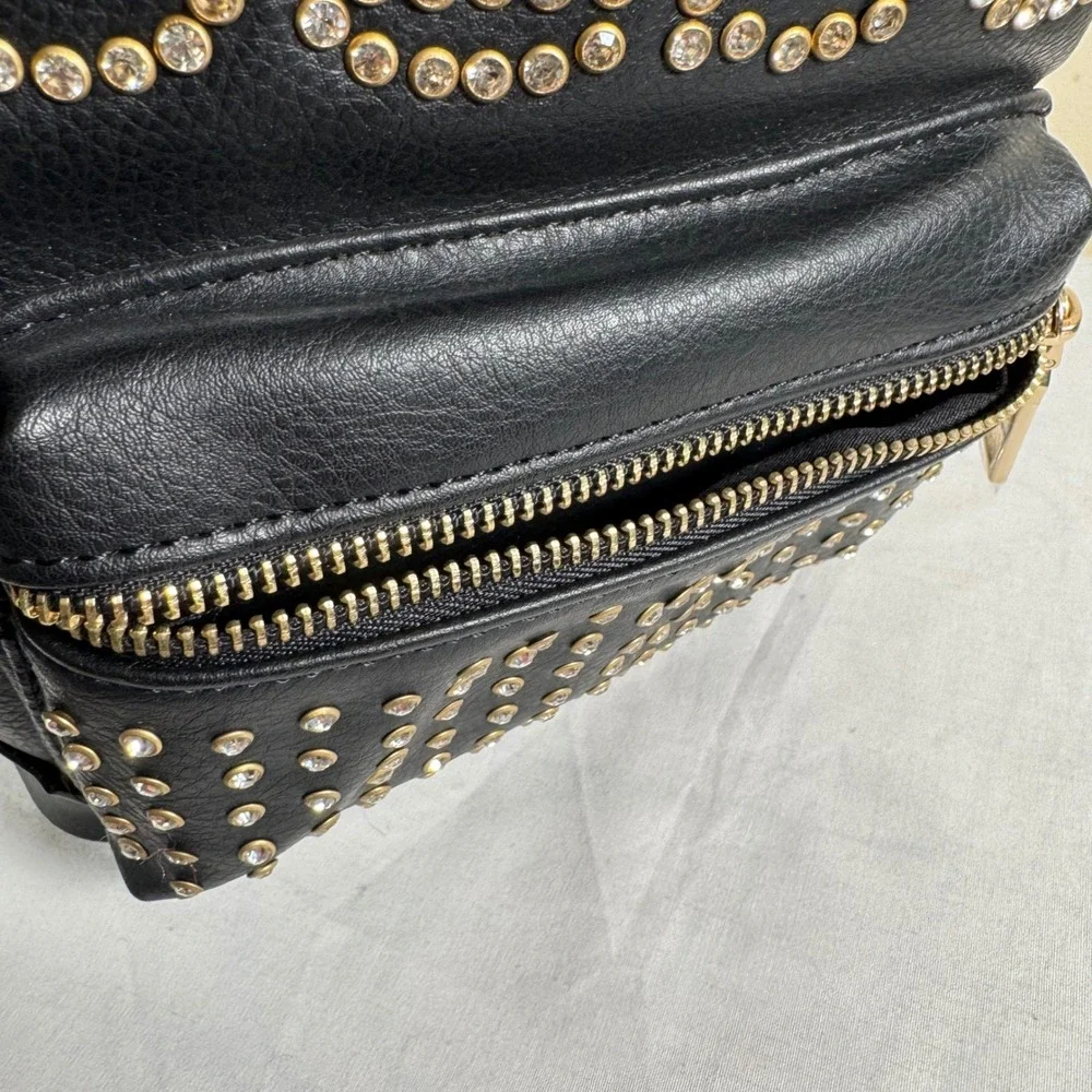 NWOT Bebe Black Rhinestone Studded Mini Backpack‎ Y2K Glam Vegan Leather Bag